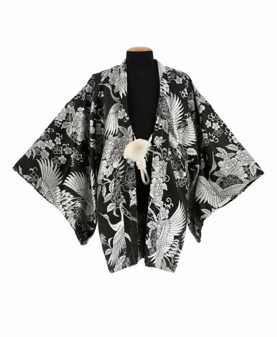 紋付袴レンタル・成人式・結婚式・卒業式【羽織】黒　銀の鶴と牡丹[身長170cm対応]No.322